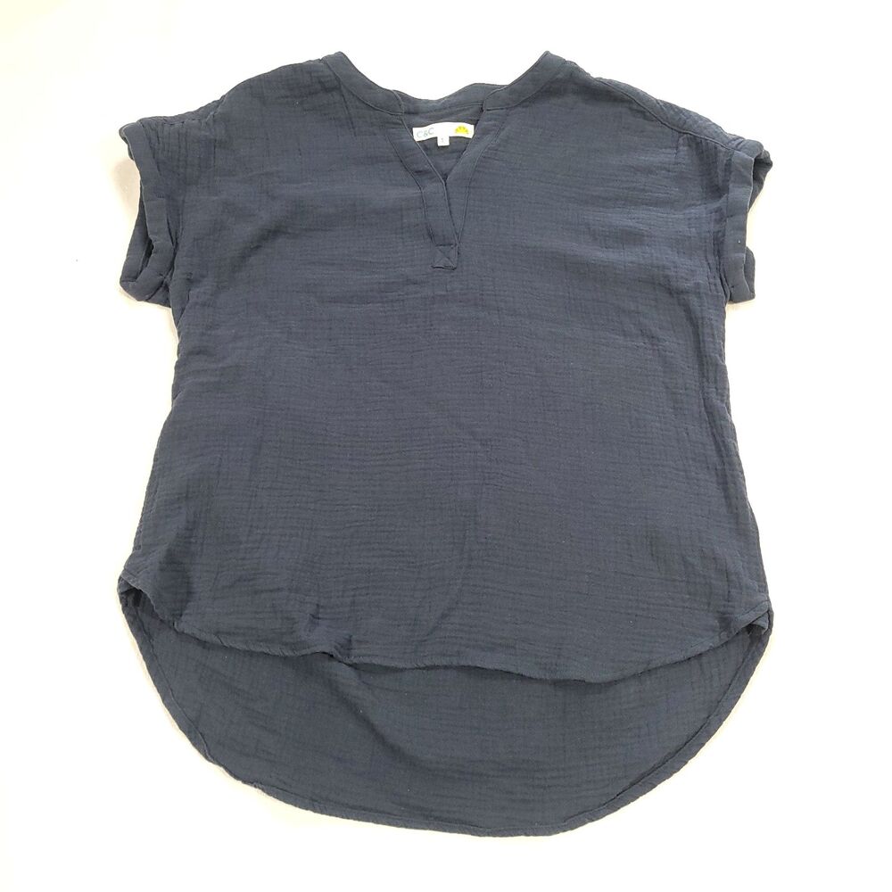 Coastal Beach Gauzy Cotton Top C & C California S Navy Blue Rolled Sleeve V Neck